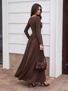 Da Jade Autumn/Winter Essential Square Neck Ruched Waist Long Sleeve A-Line Dress, Elegant Draped Slimming Long Dress, Suitable For Casual And Party Wear - Coffee Brown - View 2