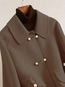 Plus Size Women's Retro Lapel Single-Breasted High-Quality Short Jacket, Casual Loose Long Sleeve Vintage Chic Shirt, Autumn Plus Size Wool Coat Fall - Coffee Brown - View 5