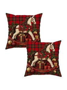1/2/4pcs Christmas Vintage Rocking Horse Plaid Throw Pillow Cover. Only Machine Washable Pillowcases (Without Pillow Core) Are Included, Suitable For Sofas, Beds, Chairs, And Holiday Decorations - Red - View 9