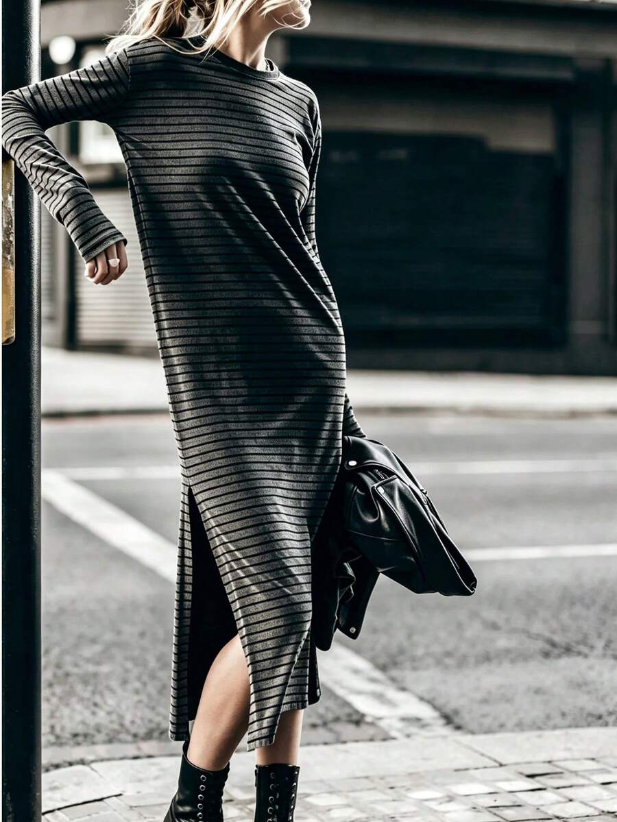 女款春夏/秋冬休閒街頭風拼色條紋長袖開衩中長洋裝 - 灰色 - 查看 1