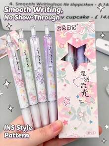 1/4pcs Star Feather Flowing Light Fresh Floral Butterfly Retractable Neutral Pens, 0.5mm ST Tip Quick-Dry Black Ink, Floral Highly Attractive Student Planner & Exam Pen, Office & Study Stationery, Back To School Gift For Friends - Sets - View 6