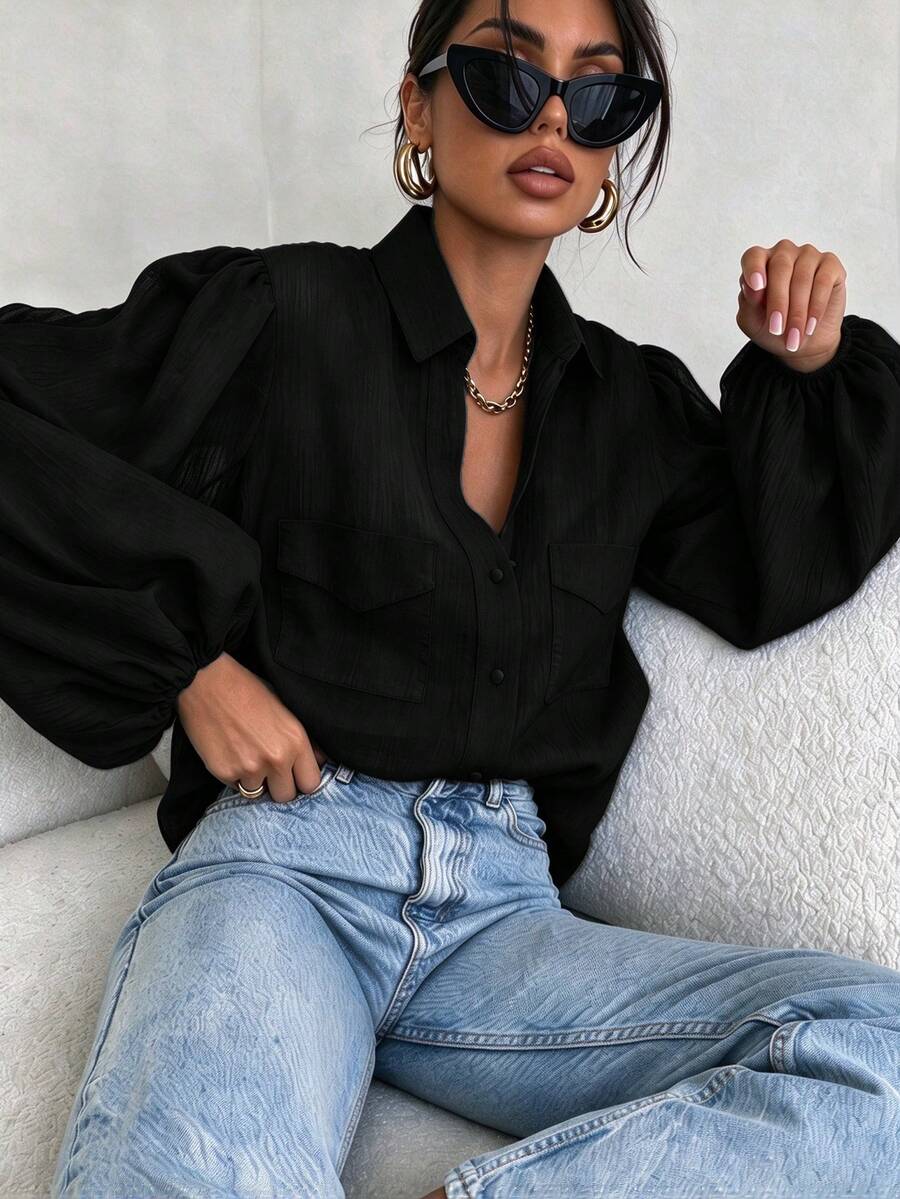 Women's Lightweight Semi-Sheer Black Puff Sleeve Collared Pocket Loose Casual Shirt, Autumn Back To School Daily Home Wear - Black - View 1