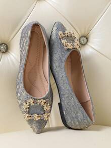 Women's Pointed Toe Rhinestone Square Buckle Flat Shoes, Slip On Casual Dress Shoes - Grey - View 8