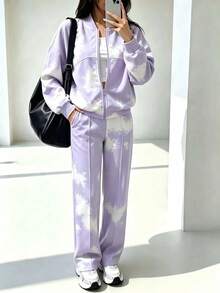 Spring Autumn Winter Fashion New Colorblock Minimalist Sweatshirt Jacket Top With Pockets Straight Leg Pants 2 Pieces Set, Slim Fit Flattering, Daily Commute, Autumn Fashion Outfit Inspiration, Suitable For Sports, Daily, Street, Airport, Travel, Vacation And More - Light Purple - View 4