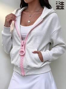 mulinsen Women's Designer Loose Pink Zip-Up Sweatshirt, Floral Grey Fleece Lined Casual Jacket - White - View 2