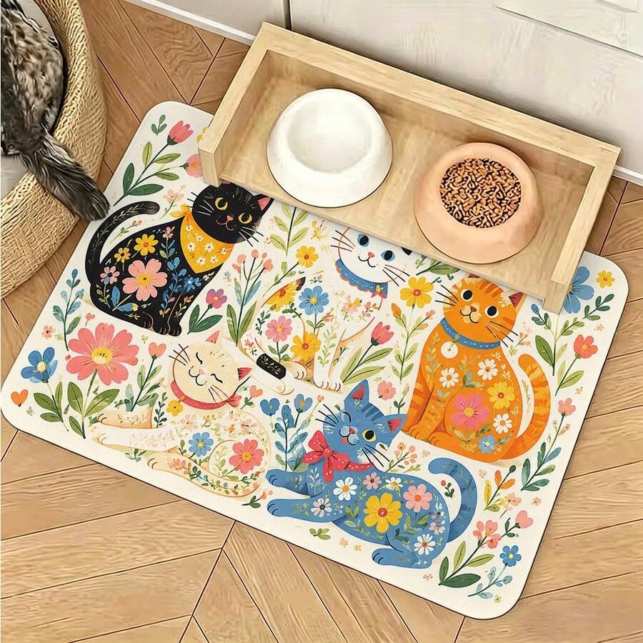 1pc Cute Cat Doodle Full Print Pet Feeding Mat, Rubber Bottom Non-Slip Absorbent Dish Mat, Dish Drying Mat, Easy To Clean, Perfect Gift For Pet Owners, Fashionable And Practical Gift - View 1