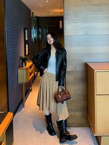 Autumn/Winter New Suede-Texture Asymmetrical Pleated High-Waist Skirt For Women - Khaki - View 8