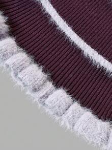 DONICY Fall Clothes For Women Cute Striped Fuzzy Knit Shirt, V Neck Long Sleeve Ruffle Trim Slim Fitted Ladies Top - Purple - View 4