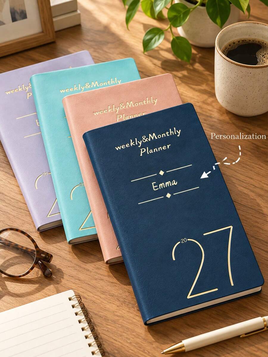 مخطط أسبوعي يومي مخصص باللغة الإنجليزية لعام 2027، أجندة محمولة بغلاف من جلد البولي يوريثان مطلي بالذهب، مثالي كهدية رأس السنة، دفتر جدول للمكتب والسفر - متعدد الألوان - مشاهدة 1