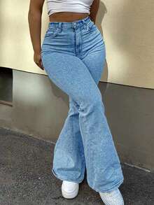 Plus Size Bell Bottom Jeans, Elegant, Fashion, Formal, Outing Outfit, Women's Plus Size Jeans, Curve Jeans, Women's Jeans, Loose Jeans, Pants, Cargo Pants, Plus Size Denim Pants, Halloween, New Year, Country, Christmas - Baby Blue - View 7