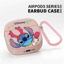 Disney-Themed Wireless Earbud Case Featuring A Cute, Cartoon Stitch Design (Lilo & Stitch Series) And A Festive Christmas Style. Includes A Carabiner Clip And Offers Drop-Resistant Protection. Compatible With Apple AirPods (Generations 1/2, 3, 4, 5, Pro, Pro 2, And Noise-Canceling Versions). - Pink - View 3