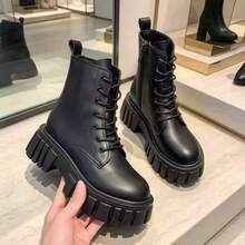 Fashion Women's Black Boots, Spring/Autumn/Winter New Versatile Motorcycle Ankle Boots, Lace-Up, Lightweight For Travel Or Daily Wear - Black - View 3