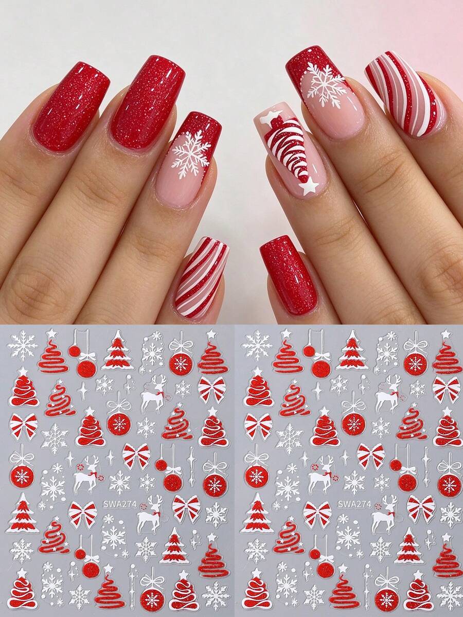 3D Christmas Red Nail Stickers 2pcs/Pack Tree/Snowflake/Deer/Bow/Ball Shiny Glitter Self-Adhesive Nail Art Decals Red Candy Cane Pattern Winter Holiday Nail Decoration DIY Salon Home Manicure - Red - View 1