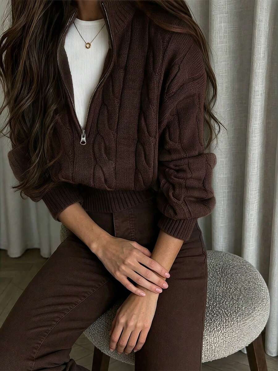 Women's New Brown Knitted Sweater, Elegant Commute, Casual, College Style, Autumn/Winter - Coffee Brown - View 1