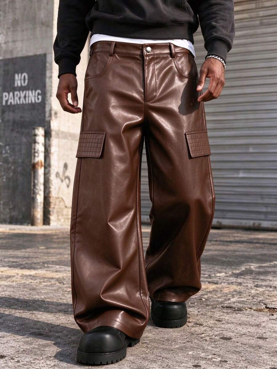 Spring Autumn Men's Workwear Leather Pants, Casual Wide Leg Streetwear Trousers For Daily Outings And Commuting - Brown - View 1