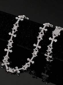 Bộ 1 dây chuyền mặt thánh giá đính đá toàn bộ & vòng tay, dây chuyền thánh giá đính đá, trang sức cá tính phong cách hip-hop nam, phụ kiện thời trang hằng ngày cho tiệc rap đường phố - Dây chuyền thánh giá phối mắt xích - Xem 14