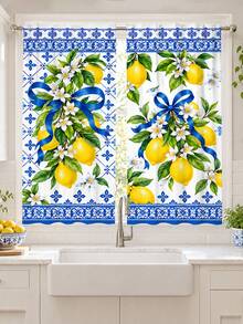 2pcs Blue And White Tile Lemon Pattern Printed Curtains, Single-Sided Printing, Semi-Sheer - Rod Pocket Curtains, Bedroom Living Room Kitchen Decor, Multiple Sizes Available, Privacy Protection, Machine Washable, Fade-Resistant Curtains (Rod Not Included) - A - View 6
