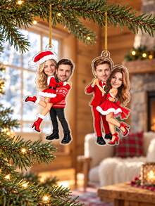 1pc Custom Photo Couple Acrylic Christmas Ornament, Personalized Cute Cartoon Santa Outfit Pendant, Romantic Keepsake Christmas Gift For Lovers Newlyweds - Multicolor - View 3