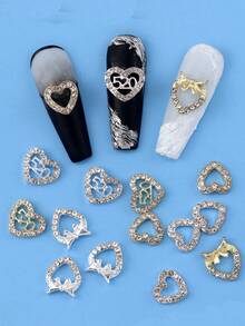 10pcs Alloy Hollowed Out Heart-Shaped Three-Dimensional Exquisite Luxury Nail Accessories, Shiny White Nail Rhinestones, DIY Nail Salon Specific, Suitable For French And Japanese Nails - Multicolor - View 1