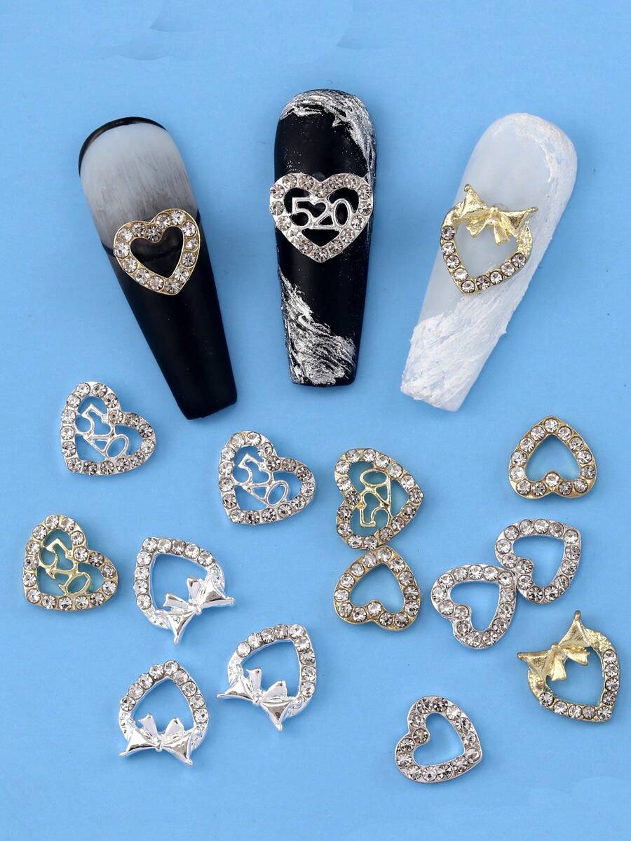 10pcs Alloy Hollowed Out Heart-Shaped Three-Dimensional Exquisite Luxury Nail Accessories, Shiny White Nail Rhinestones, DIY Nail Salon Specific, Suitable For French And Japanese Nails - Multicolor - View 1