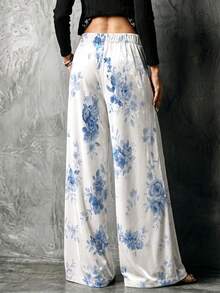 Women's White Base Blue Watercolor Floral Print Wide Leg Pants, High Waist Flowy Loose Fit With Pockets Long Pants - Multicolor - View 3