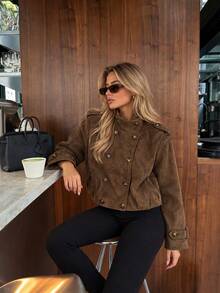 Autumn Vintage Double-Breasted Short Jacket, Stand Collar With Shoulder Epaulettes Design, Long Sleeve Casual Outerwear - Brown - View 6