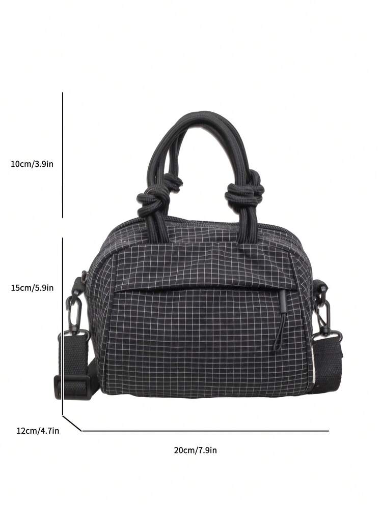 1pc Women's Plaid Fabric Saddle Handbag, Fashion Wide Strap Multi-Compartment Bag Suitable For Commuting, Shopping, Gift Giving - Black - View 3