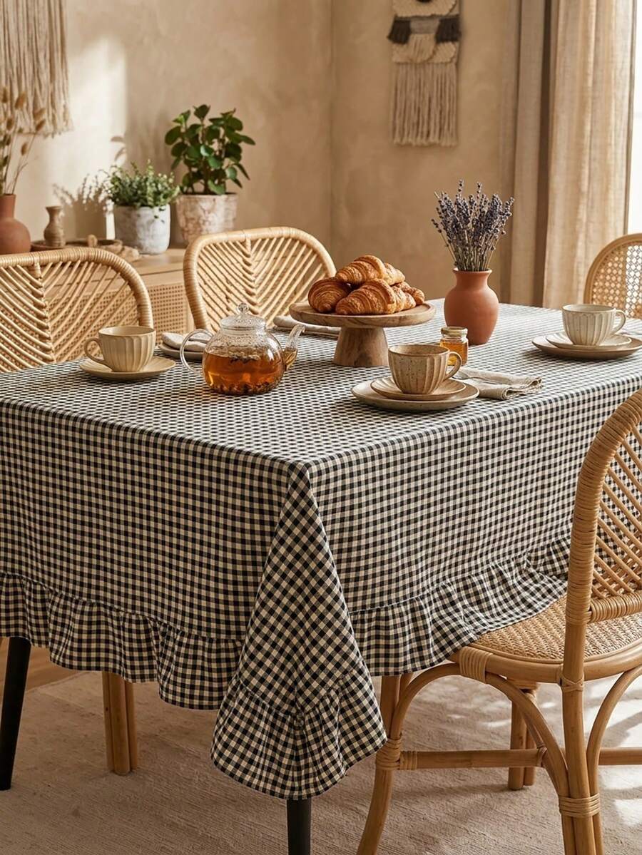 1pc Elegant Plaid Ruffle Edged Tablecloth, Farmhouse Style, Suitable For Kitchen, Dining Table, Coffee Table, TV Stand, Entryway, Holiday Party, Birthday, Wedding, Office Desk, Photography Backdrop, All Season