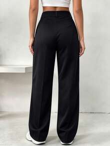 Women's High Waist Straight Leg Black Casual Commuter Pants - Black - View 6