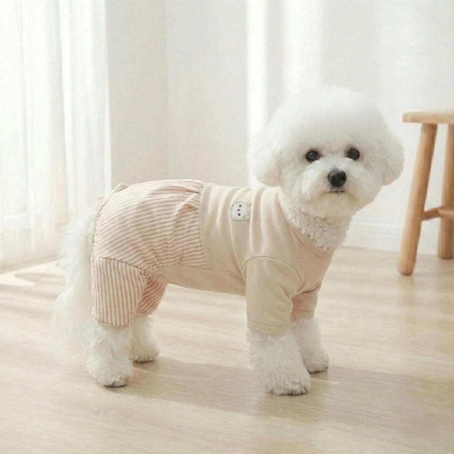 Striped Patchwork Hooded Dog Jumpsuit, Soft Comfortable Warm Clothing With Embroidery For Small/Medium Dogs, Autumn/Winter - Beige - View 1