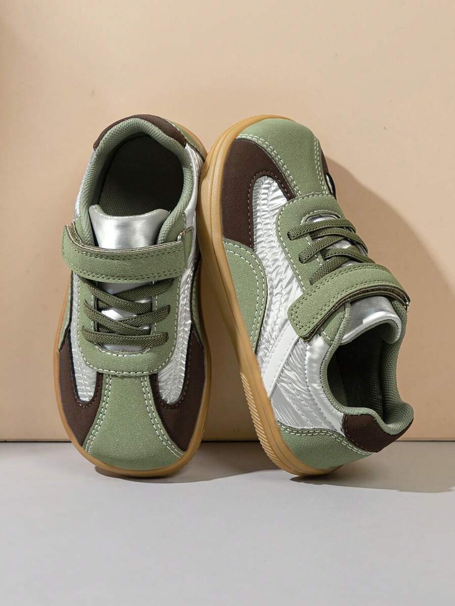 1 Pair Kids Colorblock Mesh Casual Sports Shoes, Contrast Patchwork Decor, Hook And Loop Closure Easy On/Off, Retro Trainer Style, Round Toe Design, Suitable For School, Outdoor Activities, Daily Casual Wear