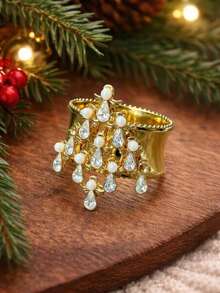 1pc Christmas Pearl Water Drop Rhinestone Christmas Tree Luxury Metal Gold Wide Band Women's Ring, Suitable For Christmas Party Accessory - Gold - View 1