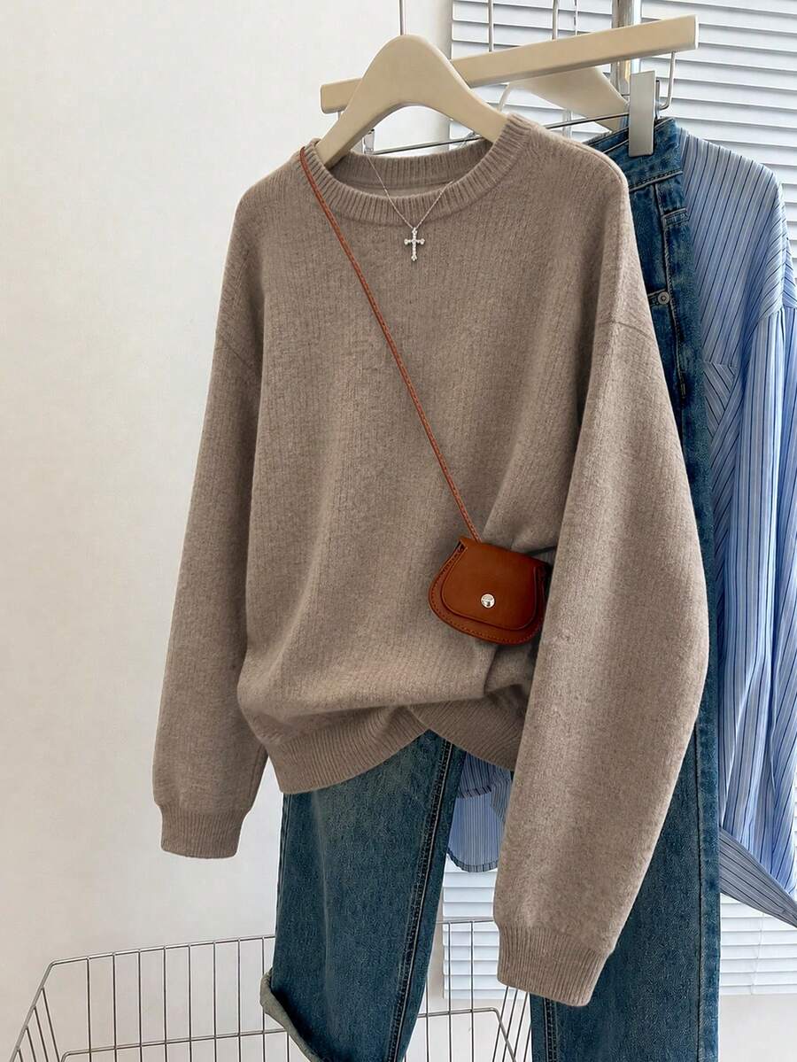 Women's Long Sleeve Pullover Sweater, I LOVE ME,TOO Cool Cat With Leopard Scarf Print Knit Top - Earth Grey - View 1