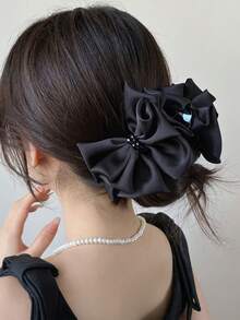 1pc Black Bow Bun Hair Clip With Rhinestones, Women's Daily Simple Hair Volume Enhancing Hair Claw - Black - View 3