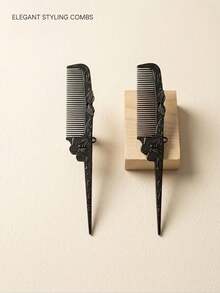 Gothic Black Butterfly Tail Comb, Vintage Carved Folding Hair Comb, Dark Aesthetic Hair Styling Tool For Halloween & Daily Use - Black - View 2