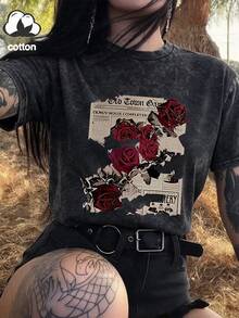 Women's Pure Cotton Summer Fun Print Street "Rose Newspaper" Pattern T-Shirt, Korean Style Retro Fashion Commute Versatile Y2K Style Women's Black - Black - View 11
