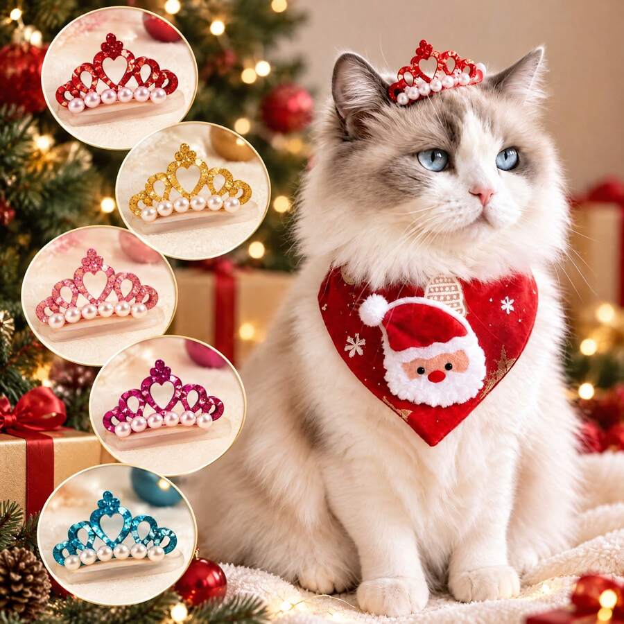 5pcs Faux Pearl Crown Pet Hair Clip Set, Fashionable Crown-Shaped Bow ...