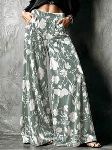 Women's Sage Green With White Silhouette Floral Print Wide Leg Pants, High Waist Flowy Loose Fit With Pockets Long Pants - Multicolor - View 2