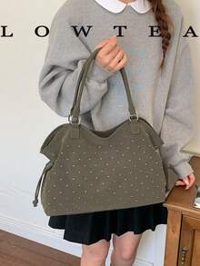 Solid Color PU Fabric Women's Casual Large Capacity Shoulder Tote Bag With Double Handle Design, Zipper Closure And Metal Rivet Decoration, Suitable For Daily Shopping And Commuting - Dark Green - View 4