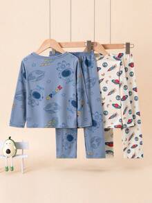 4pcs Boys Lightweight Cartoon Astronaut Print Long Sleeve Pajamas Set, Spring/Summer - Multicolor - View 3