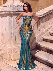 Women's Elegant Strapless Long Evening Gown With Contrasting Sequin Decor And Mermaid Tail Hem - Dark Green - View 7