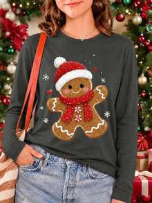 Camiseta mujer manga larga cuello redondo, estampado navideño sencillo moderno. Mezcla poliéster cómoda, ideal para diario y celebraciones navideñas. - Gris Oscuro - Ver 1
