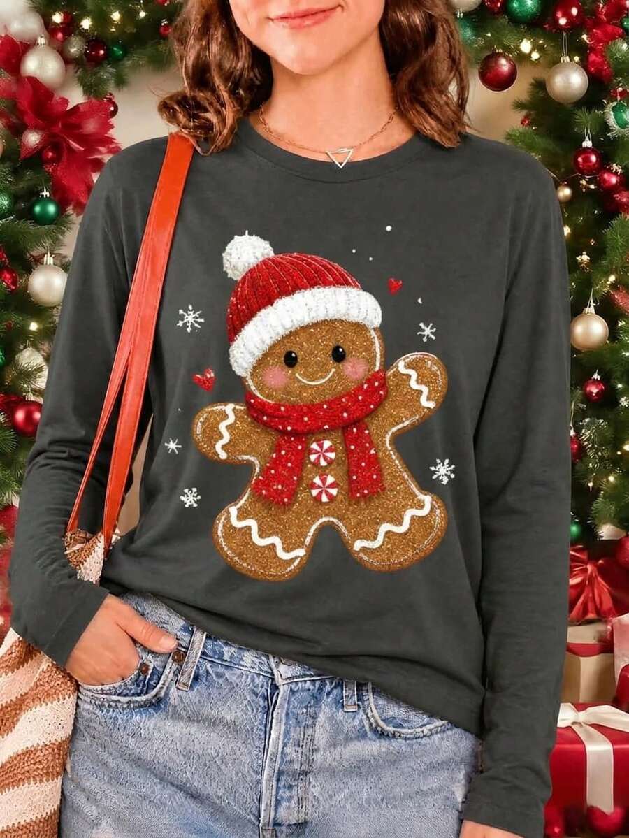 Camiseta mujer manga larga cuello redondo, estampado navideño sencillo moderno. Mezcla poliéster cómoda, ideal para diario y celebraciones navideñas. - Gris Oscuro - Ver 1