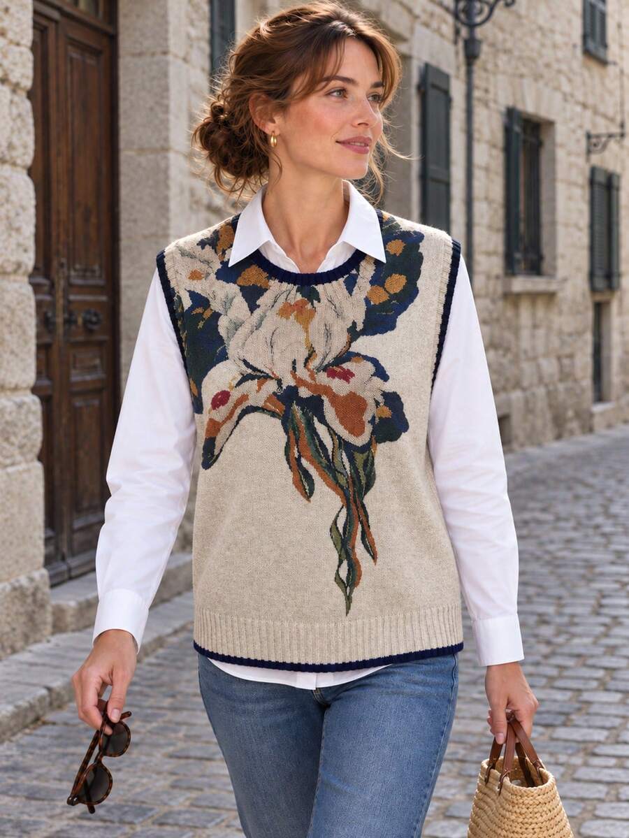 New Women's Trimmed Pullover Tank Top, Unique Printed Pattern, Autumn/Winter Style, Casual Wear - Multicolor - View 1