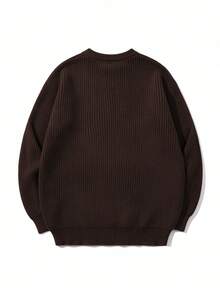 Lightweight Casual Textured Knit Sweater, Minimalist Design, Loose Fit Crew Neck Pullover For Unisex, Suitable For Autumn/Winter - Brown - View 3
