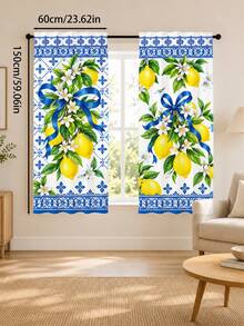 2pcs Blue And White Tile Lemon Pattern Printed Curtains, Single-Sided Printing, Semi-Sheer - Rod Pocket Curtains, Bedroom Living Room Kitchen Decor, Multiple Sizes Available, Privacy Protection, Machine Washable, Fade-Resistant Curtains (Rod Not Included) - A - View 12