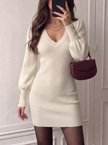 Đầm ôm sát dệt kim gân LUNNELUX cho nữ mùa thu, cổ chữ V, tay lồng đèn, đính cúc trang trí, đầm ngắn, trang phục thường ngày đi chơi - Màu be - Xem 1