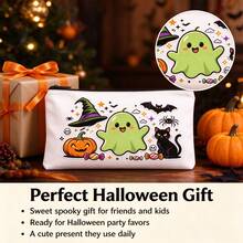 1pc Halloween Ghost Pumpkin Print Canvas Pencil Case, Halloween Element Printed Zipper Storage Bag, Black Cat Bat Pattern, Zippered Large Capacity Storage Bag, Student Stationery Makeup Dual-Use Bag - Multicolor - View 7