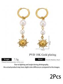 2 Pcs 304 Stainless Steel Boho Sun Star Faux Pearl Tassel Dangle Earrings Celestial Charm Ear Jewelry Waterproof Non Tarnish Fall Style - Earring - View 7
