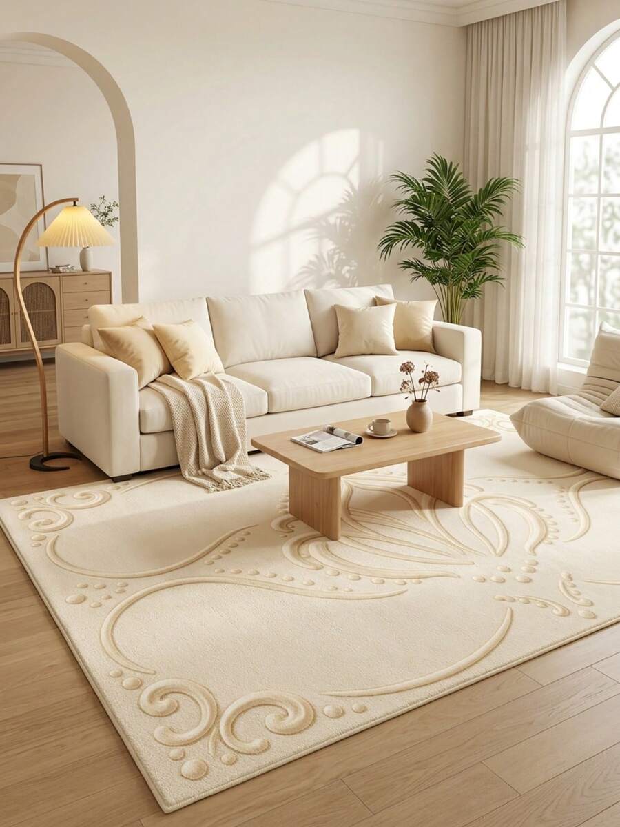 1PC 3D Textured Pattern Coffee Table Rug, Modern Luxury Cream Style Artistic Exquisite Faux Cashmere Rectangular Machine Washable Area Carpet, Suitable For Daily Home/Housewarming/All Seasons Large Size Floor Mat, Aesthetic Home Decor - Multicolor - View 1
